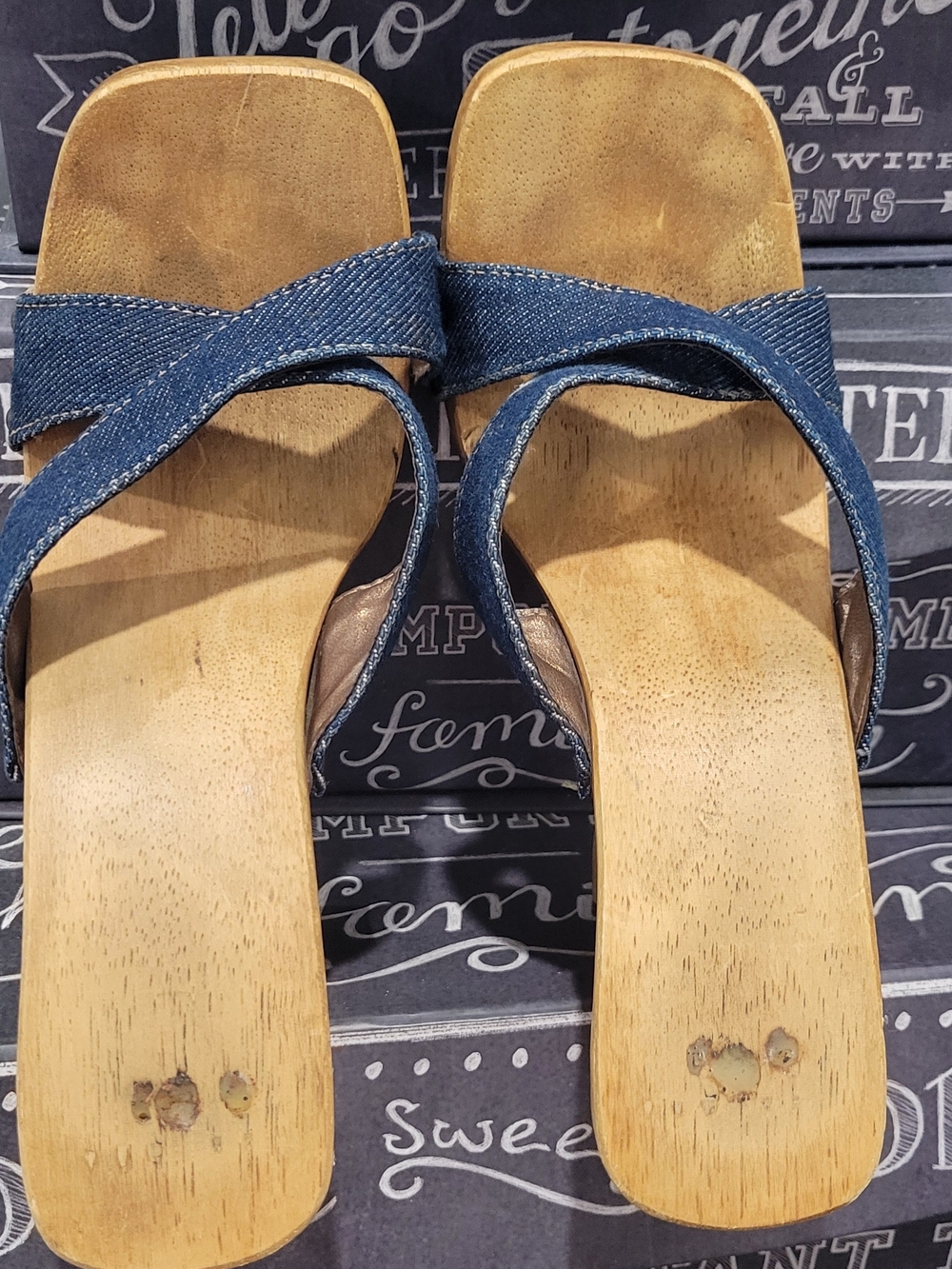 Candie's Y2k Blue Denim Crisscross Wooden-Style Sandals
